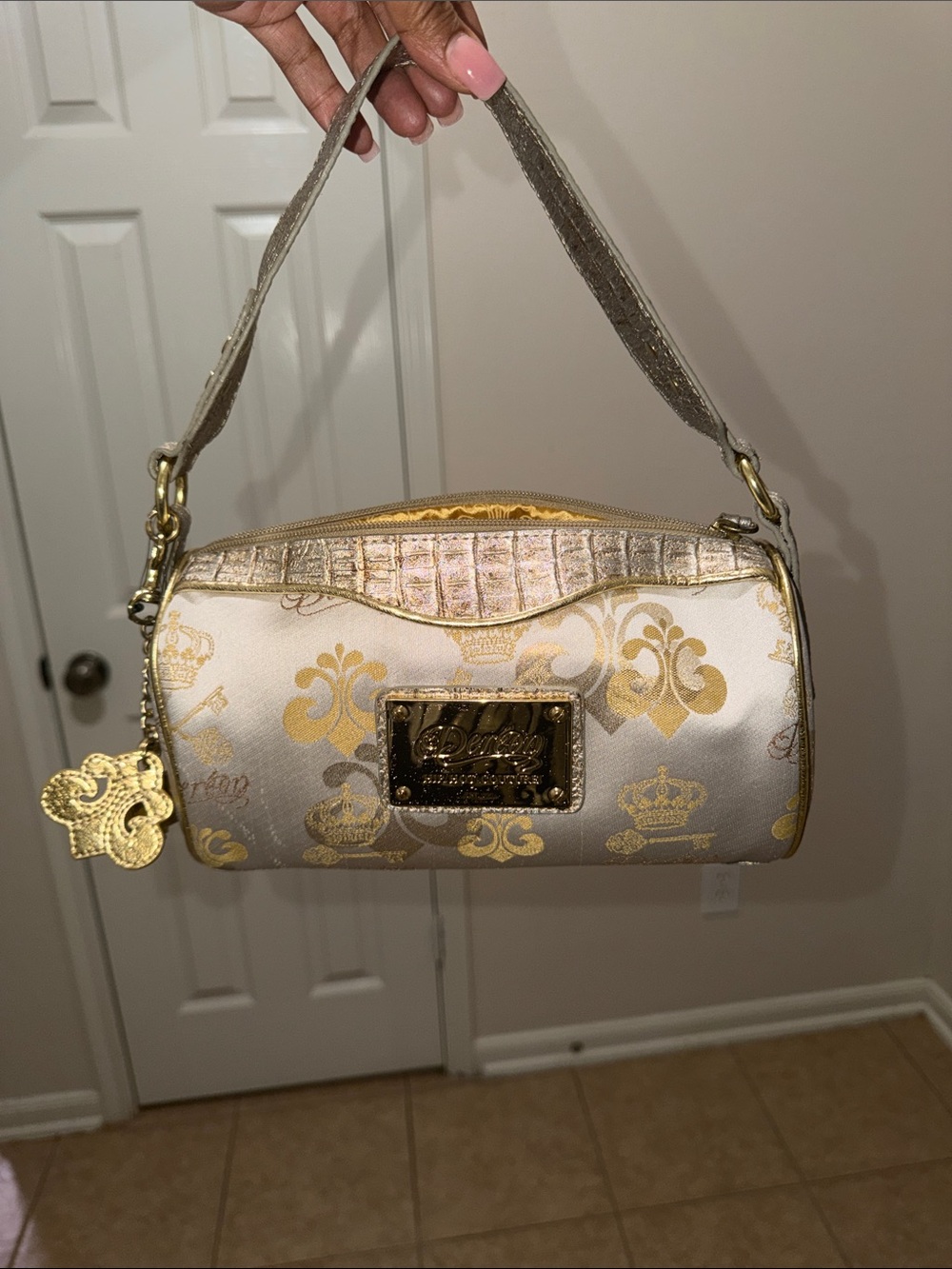 Dereon Gold and Cream Logo Jacquard Mini Shoulder Bag